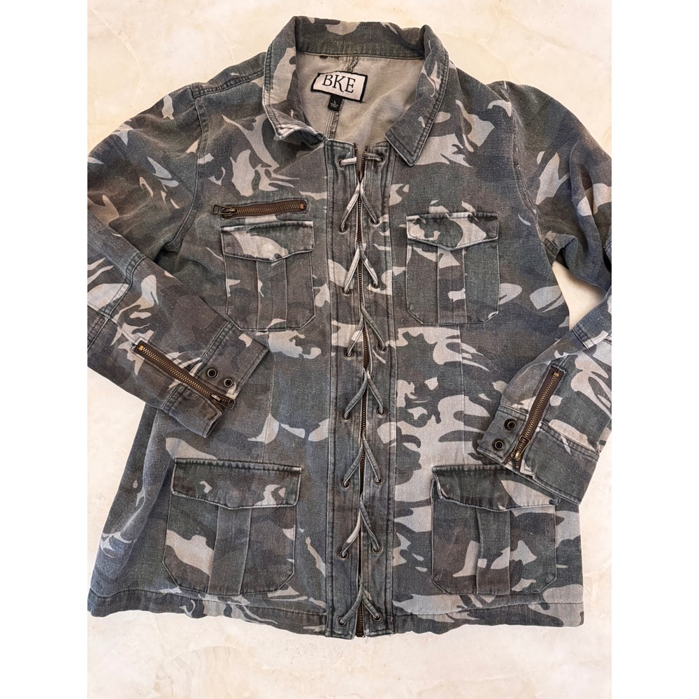 BKE Womens Gray Camo Lace Up Utility Jacket Cotton Military Field Coat Large